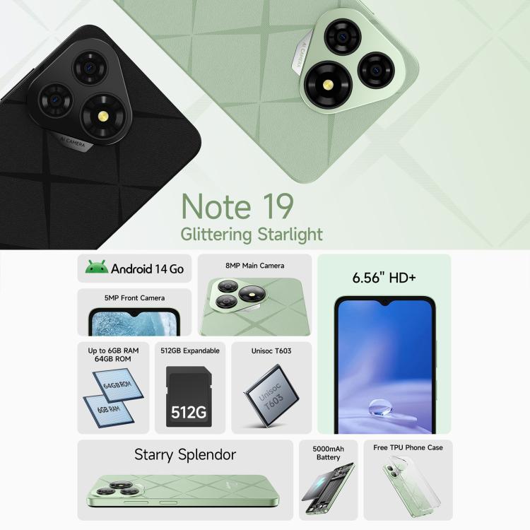 Ulefone Note 19, 3GB+32GB, Face ID & Side Fingerprint, 6.56 inch Android 14 Go Unisoc T603 Octa Core, Network: 4G, Dual SIM, OTG Ulefone Note 19, 3GB+32GB, Face ID & Side Fingerprint, 6.56 inch Android 14 Go Unisoc T603 Octa Core, Network: 4G, Dual SIM, OTG